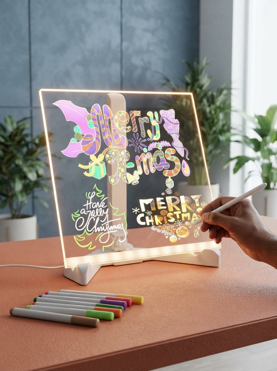 A South Asian creator using a glowing 3D LED acrylic writing pad on a terracotta desk surface with professional studio lighti